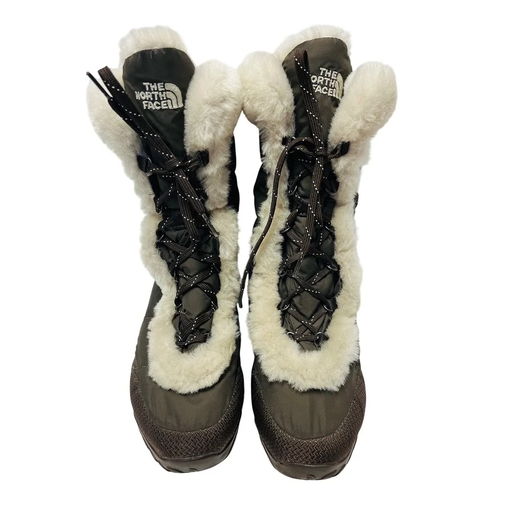 The North Face Winter Boots 8.5 Goose Down Faux Fur Trim Olive Brown Rugged Snow